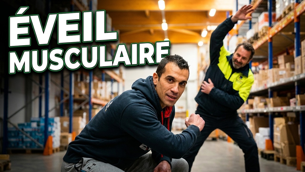 Séance d'éveil musculaire animée dans un entrepôt, avec un collaborateur en gilet haute visibilité